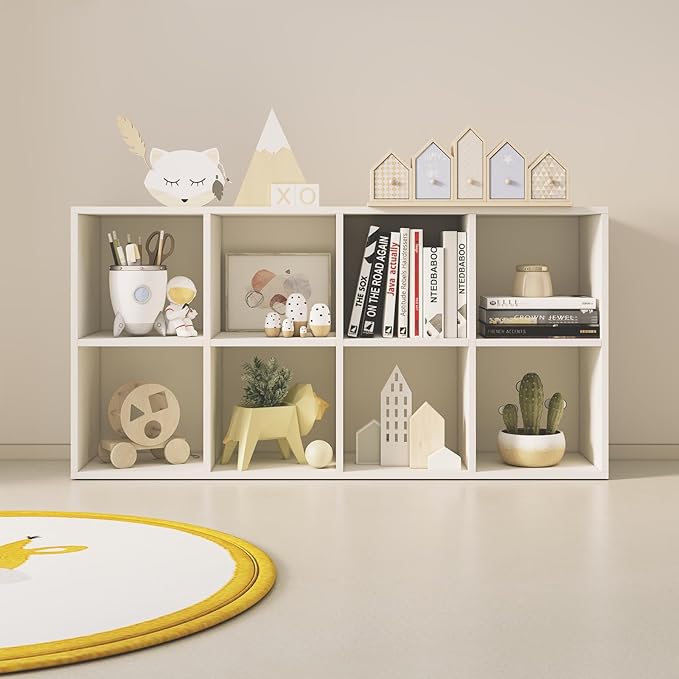Wood Cube Storage Organizer Closet Cabinet for Living Room Bedroom Study Shelf Bookcase Wooden Floor Standing Open Bookshelf for Kids Home Office Display Storage Cabinet (White, 8-Cube, 11.81in)