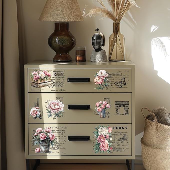 GLOBLELAND 3 Sheets Vintage Pink Peony Background Furniture Transfer 6x12inch Retro Romance Text Rub on Transfer Self-Adhesive Wall Art Decals for Bedroom Living Room Desk Table Decoration
