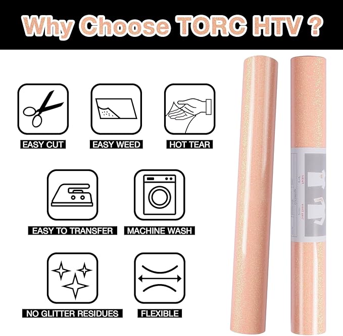 TORC Blush Glitter HTV Heat Transfer Vinyl 2 Rolls Iron on Vinyl for T Shirts Crafts 12 inch x 5 ft