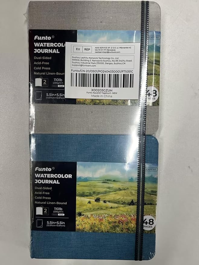 Funto Watercolor Journal, Square, 5.5x5.5, Portable 2-Pack, 48 Pages Each, Gray&Blue Cover, 110lb/230gsm, Art Supplies for Mixed Media