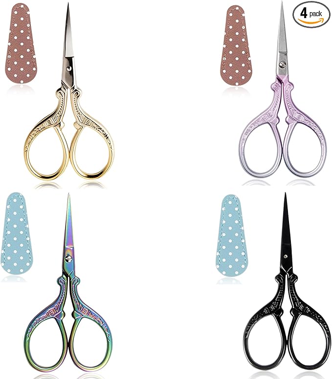 BIHRTC 4Pairs 3.6inch Small Embroidery Scissors with Leather Cover, Stainless Steel, Compact, Craft Scissors Set