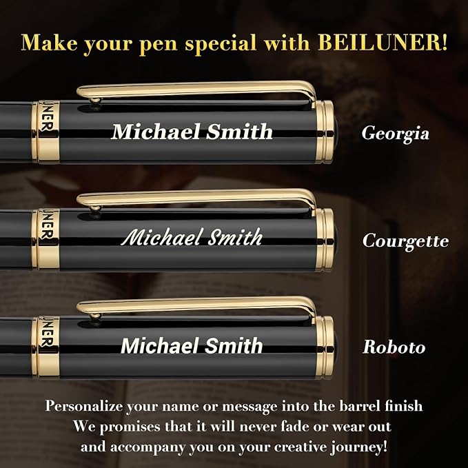 BEILUNER Black Personalized Pen,Stunning Luxury Lacquer With 24K Gold,Schneider Ink Refills,Multiple Fonts To Custom Rollerball,Gift Pen For Men & Women,Executive,Graduation,Christmas,Nice Pens