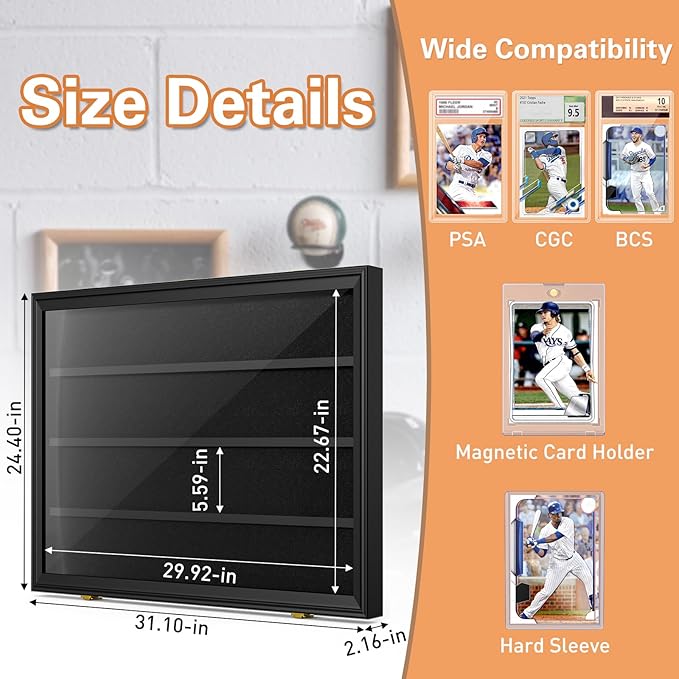 2 Pack Baseball Card Display Case, 36 Graded Card Display Frame Lockable, Trading Card Display with UV Protection Sports Card Display Case for Baseball Cards, Football Cards, Sports Cards