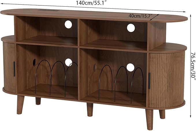 Large Round Record Player Stand with Charging Station & USB Ports，Record Storage Cabinet, Mid Century Modern Turntable Stand for Bedroom Living Room (Walnut)