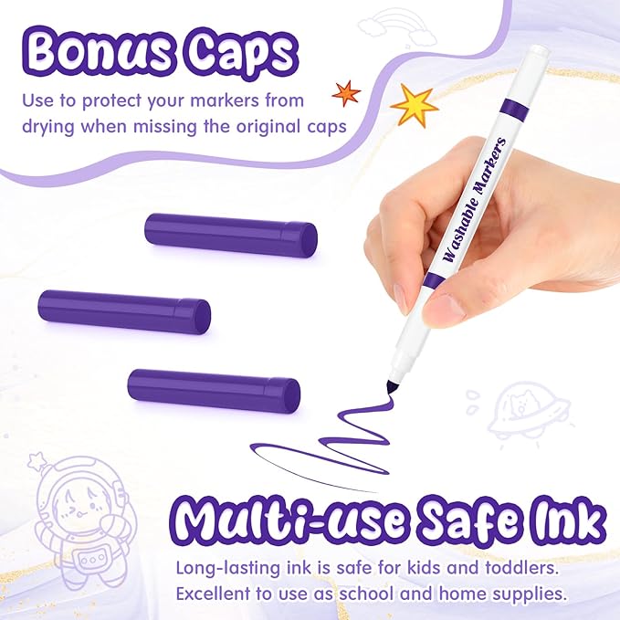 18 Pcs Line Washable Markers Bulk Purple Fine Tip Markers Set Coloring Thin Tip Drawing Washable Pen for Kids Toddler Teacher Art School Classroom Back to School Gender Reveal Party Supplies,Ages 6+