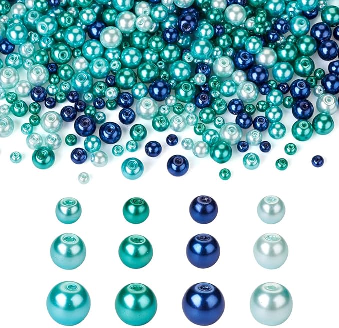 1840Pcs 4/6/8mm Glass Pearl Beads Pearlized Beads Multi Colors Round Spacer Beads for DIY Craft Jewelry Making Hole: 1mm, Mixed Blue