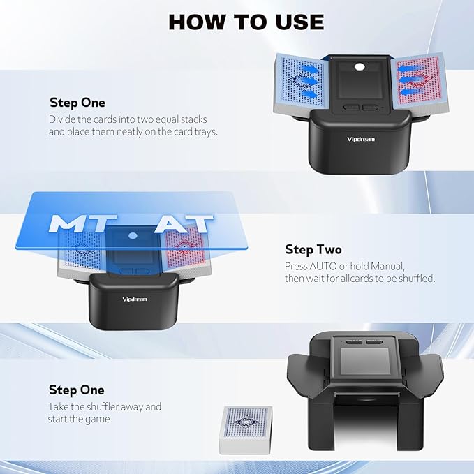 Automatic Card Shuffler for 1-2 Decks, Dual Mode Card Shuffler with USB-C Rechargeable Battery, Card Shuffler & Dealer for UNO, Skip-Bo, Poker, Blackjack, Texas Hold’em, Party & Travel