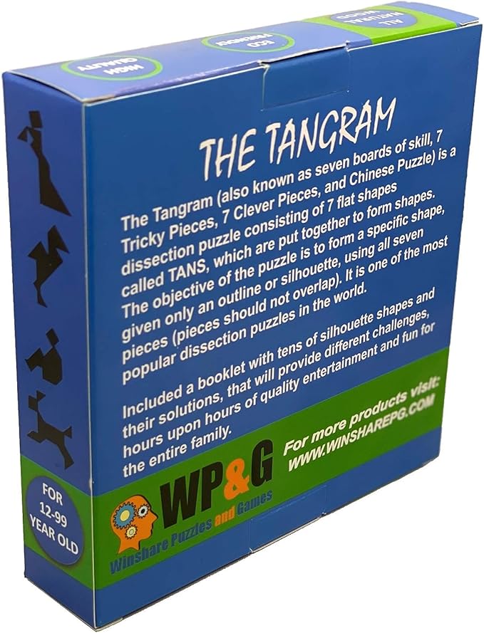 Tangram Wooden Puzzle Geometry Game, with 48 Silhouette Tangrams Challenge Booklet