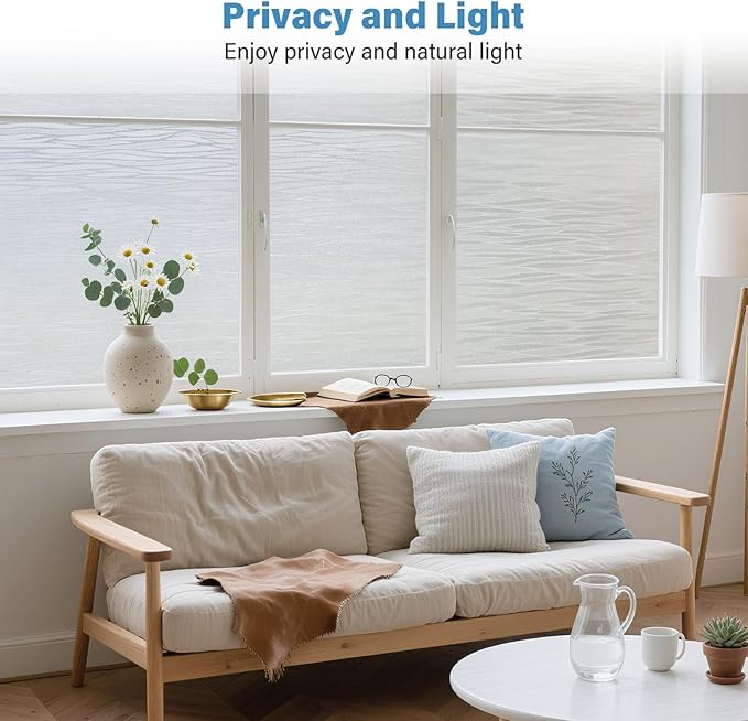 Finnez Frosted Privacy Window Film Static Cling, Non-Adhesive Decorative Cover for Glass Door & Windows, No Glue Removable Clings UV Blocking Waves Design for Home Office 45.2 x 157.4 Inches