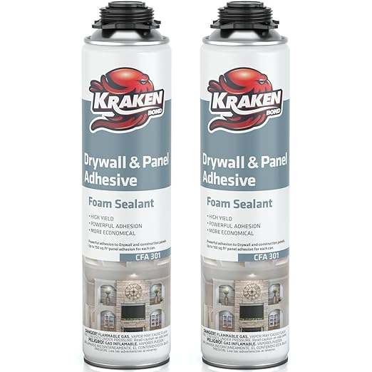 KRAKEN BOND Drywall & Panel Adhesive Foam - (2X24oz) Heavy-Duty, Fast-Curing Construction Adhesive for Concrete, Wood, and Heat Insulation Applications - 2 Pack