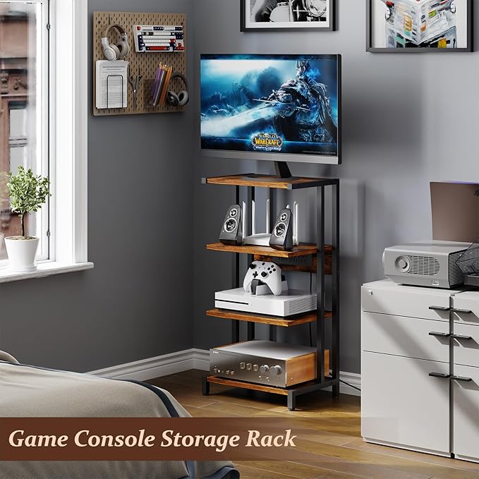 X-cosrack 4-Tier AV Media Stand with Power Strips, Wooden Corner Shelf Component Cabinet Stereo Audio Rack Stand Tower Perfect for DVD Players:Game Console:TV Box:Cable Box:Xbox:WiFi Router
