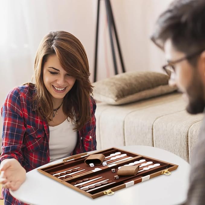 Backgammon Set - Classic Board Game with Premium Leather Case - Portable Travel Strategy Backgammon Game Set for Adults, Kids (15inch, Khaki)