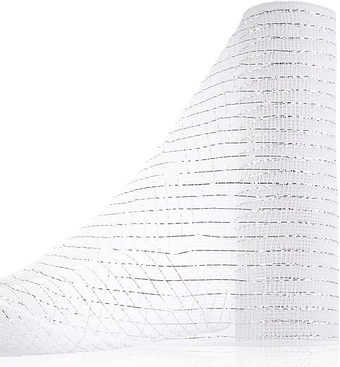 Anivia Deco Mesh Ribbon, 10inch x 30 Feet Each Roll Metallic Foil Mesh Ribbon for Wreaths Swags, Holloween, and Christmas Tree Decoration (White/Silver Foil)