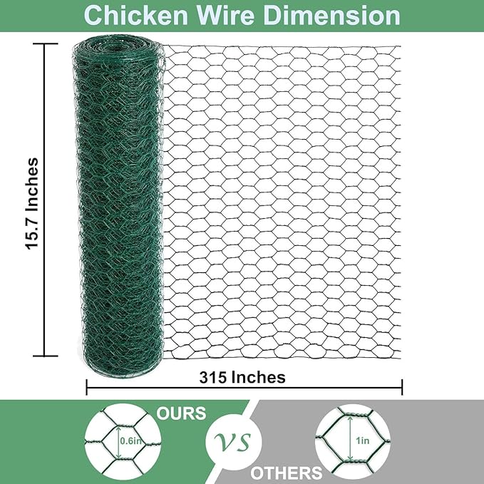 Chicken Wire 15.7 x 315 Inches Chicken Wire Fencing Mesh Green PVC Coated Floral Chicken Wire for Crafts Poultry Garden, Hexagonal Galvanized Chicken Coop Rabbit Wire Fencing Netting