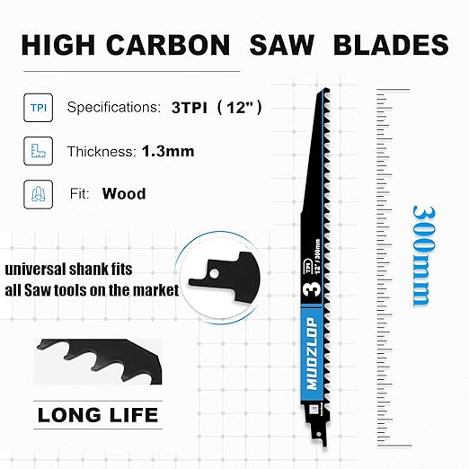 1 Pack 12 inch Reciprocating Saw Blades Set，3 TPI High Carbon Saw Blades for Wood Cutting，Saw Blades with Organizer Case (1, 3T/12inch)