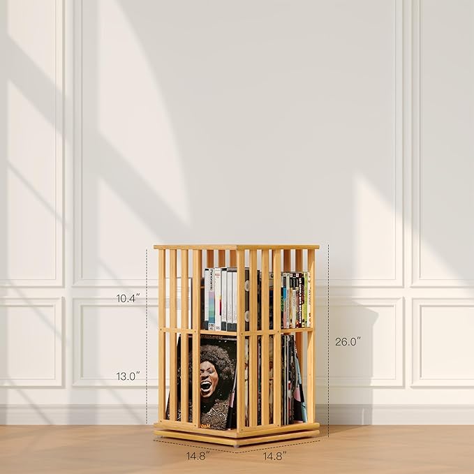 XIMN 360° Rotating Bamboo CD/DVD Shelf - 6-Tier Space-Saving Media Storage Cabinet for Movies, Organizer with Super Compact Design (Nature, 2 Tier)