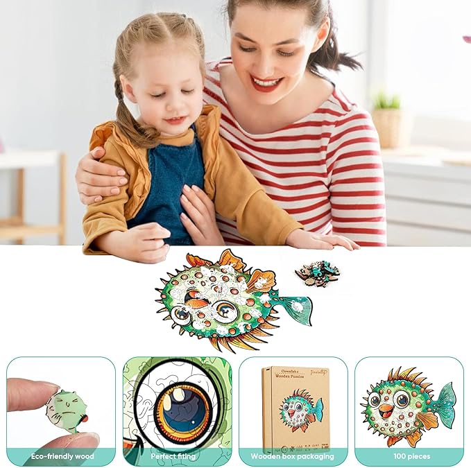Wooden Puzzles for Kids, 100 Pieces Ocean Puzzle, Unique Fish Shaped Wooden Puzzle, Preschool Puzzle Toys, Give Your Kids/Grandchildren, Suitable for Family Games