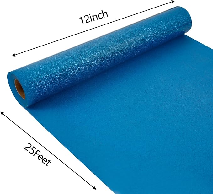 FUNKAKA Glitter Blue HTV Heat Transfer Vinyl Rolls, 12" x 25ft PU Iron on Vinyl for T-Shirt Blue Glitter HTV Vinyl for All Cutter Machines Easy to Cut & Weed for Heat Vinyl Design