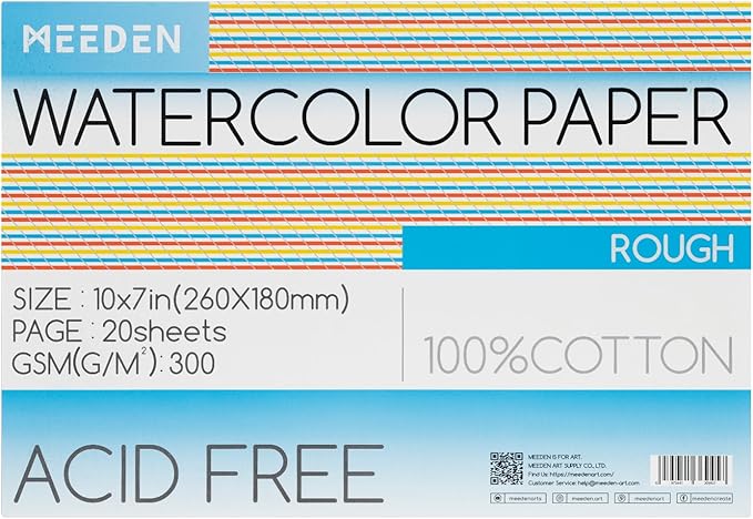 MEEDEN Watercolor Paper Block, 100% Cotton Watercolor Paper Pad of 20 Sheets, 140lb/300gsm, Acid-Free Art Paper for Watercolor, Gouache, Ink and More, 10" x 7" Rough Grain