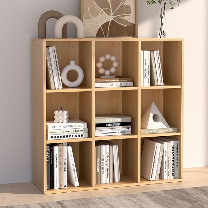 Wooden 9 Cube Storage Organizer with Closed Back Panel, Cube Shelf Heavy Duty Cubby Storage Organizer with Compartments for Living,Display Shelf,Bookshelf,Storage Furniture (Oak, 9-Cube)