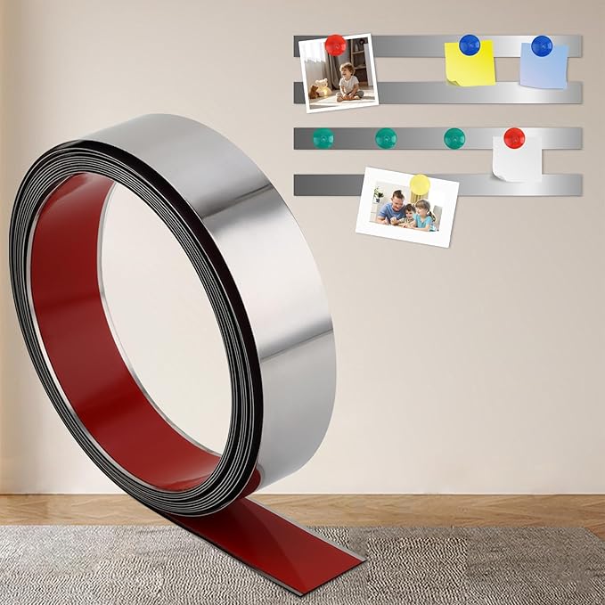 Self Adhesive Backing Metal Strip for Magnets, Flexible Ferrous Memo Tapes Roll for Bulletin Boards in Studio, Office, School (Glossy Silver, 118''L x 1.57''W)