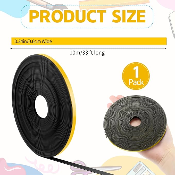 Magnetic Tape Roll Thin Strips, 1/4 Inch x 33 Feet Magnetic Board Dividers Whiteboard Graphic Decorative Tape Marking Line for Classroom Office Art Accessories(Yellow)