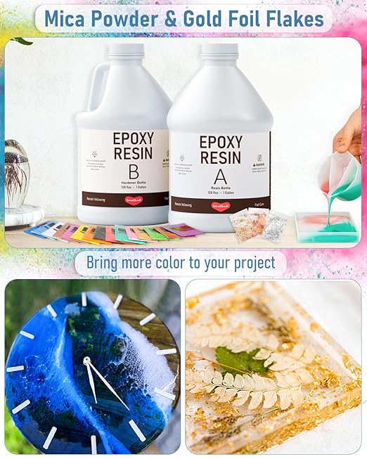 4 Gallon Epoxy Resin Kit with Mica Powder, Gold Foil, Cups & Stick, Crystal Clear Resin Beginner Supplies for Coating Casting Table, Molds, Jewelry Making, DIY Art Craft, 1:1 Ratio