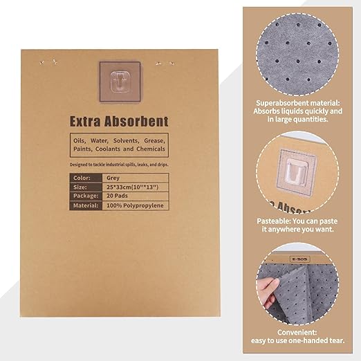 E-SDS Oil Absorbent Pads with Wall Hooks - 100-Pack (5x20) 13"x10" Reusable Liquid Spill Mats for Garage & Workshop - Super Absorbent Leak Control Pads (Grey, Boxed)