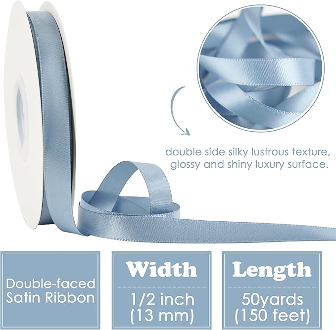HUIHUANG Dusty Blue Satin Ribbon 1/2 inch X 50 Yards Continuous, Blue Double-Faced Satin Ribbon for Gift Wrapping, Bows, DIY Crafts, Flower Bouquet, Bridal Wedding Decor, Flower Crowns Decor