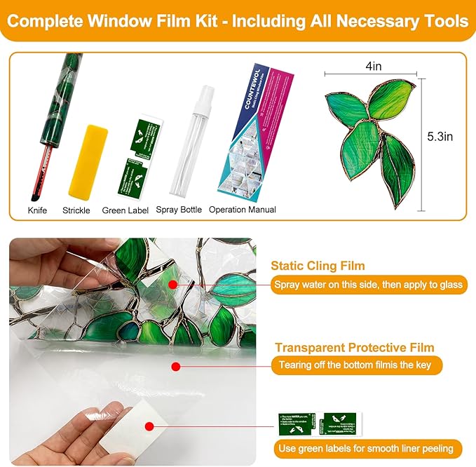 Window Privacy Film Stain Glass Window Film Rainbow Window Film Window clings Non-Adhesive Reusable Decorative for Room (Greenery Leaf, 35.4 x 157.4 in)