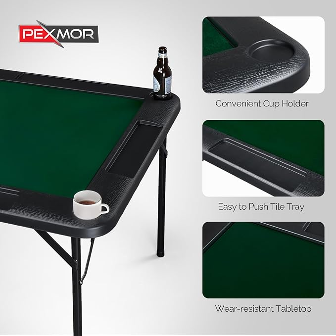 PEXMOR 39.5" Foldable Mahjong Table, Square 4 Player Card Game Table w/Cup Holders & Chip Grooves, Portable Folding Poker Domino Board Game Table for Blackjack, Texas Hold'em, Jigsaw Puzzles Game