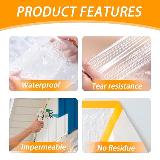 Pre-Taped Masking Film for Painting 59inx65ft Plastic Painters Sheeting Tape and Drape Painters Paper Rolls for Automotive Painting Covering (4 Rolls+2 Tapes)