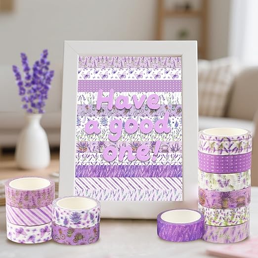 12 Rolls Lavender Washi Tape, Purple Floral Masking Tapes, Flower Butterfly Decorative Tape for Journals, Planners, Scrapbooking, Packaging, DIY Arts Crafts, Wrapping 16.4FT