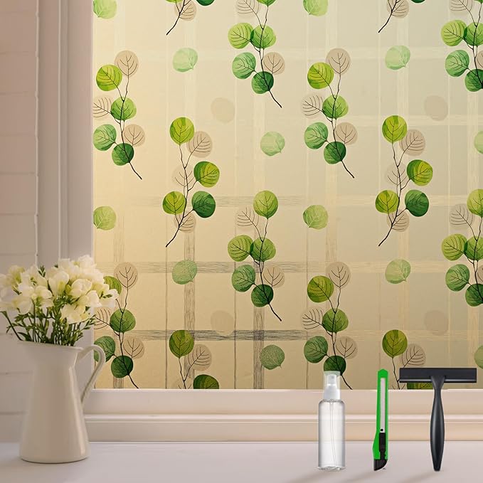 DKTIE Eucalyptus Leaves Stained Glass Window Film with Installation Tools, INS Style Window Privacy Film Decorative, Nordic Style for Home Decor (S541, 35.4'' x 118.1'')