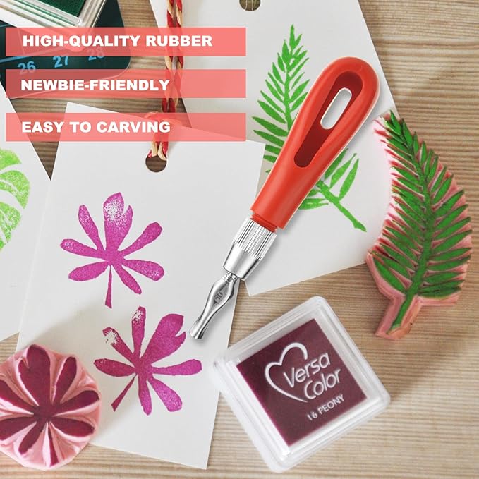 15 Pack Rubber Linocut Kit - 4 x 6 Inch Stamp Making Kit with Linocut Tools - Pink Rubber Block Stamp Printing Kit for Printmaking Supplies, DIY