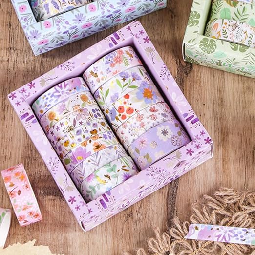 MAFELOE 2 Meters Long 12 Rolls Washi Tape Set, Decorative Adhesive Supplies for Scrapbook Journaling Junk Bullet Art Collage-Floral Print Series-Purple (HZ-3Y-SHMJ-01)