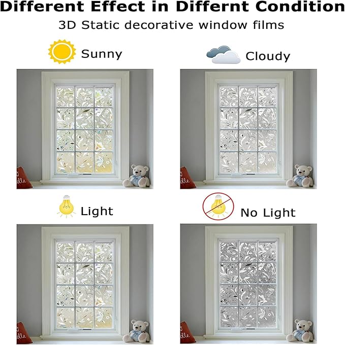 LEMON CLOUD Window Film, Decorative Window Privacy Film, 3D Stained Glass Window Sticker,Anti-UV Sun Blocker Heat Control for Home(Rainbow Tulip Design,35.4 x 157.4 inches)