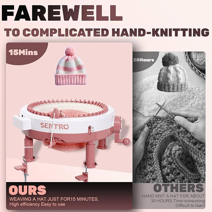 SENTRO Upgraded 48 Needle Knitting Machine, Circle Knit Loom Machine with Row Counter and Hand Crank,Crochet Knitting Loom Machine for Beginners and Seasoned Knitters (Upgraded 48Pink)