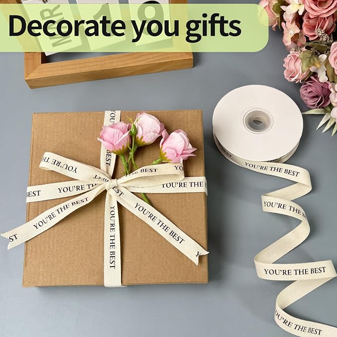 Cotton Herringbone Ribbon - Natural Twill Tape for Custom Gift Wrapping & DIY Crafts-5/8 Inch x 15 Yards - You're The Best Printed Phrase