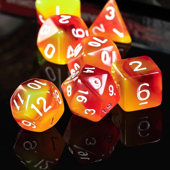 7-Die DND Dice Set Polyhedral Dice Set with a Leather Dice Bag, D&D Dice Set for Dungeons and Dragons, RPG Table Games (T/Red Yellow)