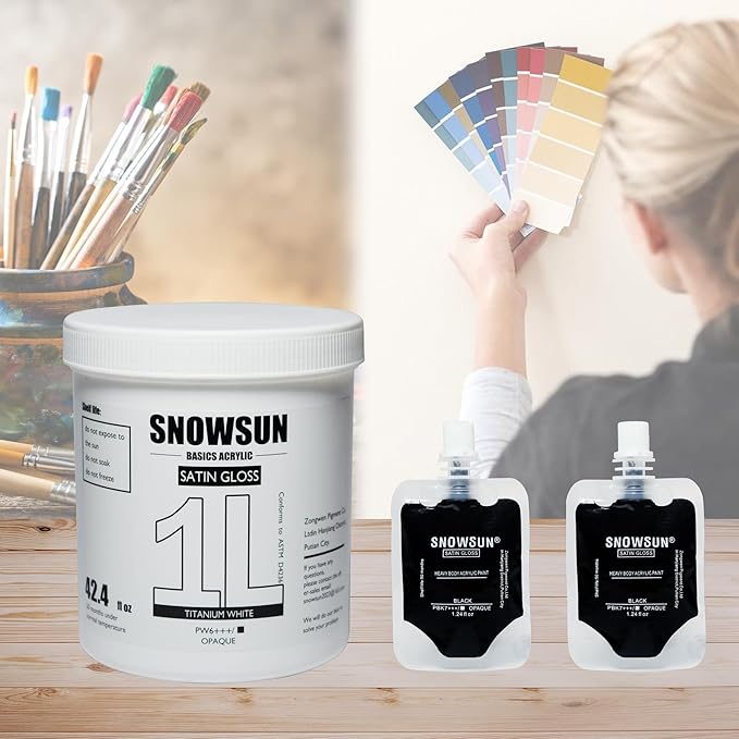 SNOWSUN Large Bulk Acrylic Paint, Titanium White Acrylic Paint 1L /42.4 oz, and 25ml*2 Pouch Charcoal Black, Gloss Non-Toxic Heavy Body Paints, Thick Art Paints for Multi-Surface Canvas Wood Ceramic Fabric Wall- Ideal for Artists & Beginners