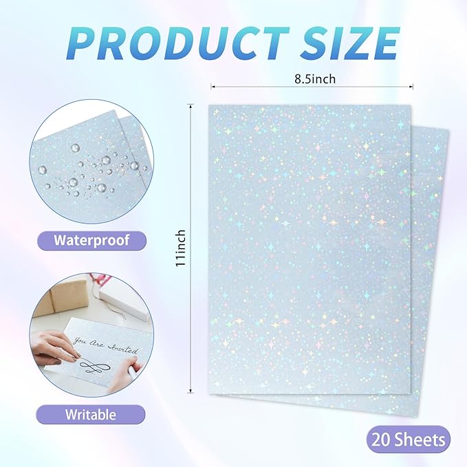 20 Sheets Printable Holographic Sticker Paper,11 x 8.5 Inches Printable Waterproof Paper Rainbow Vinyl Sticker Paper for Inkjet or Laser Printer（Laser starry sky）