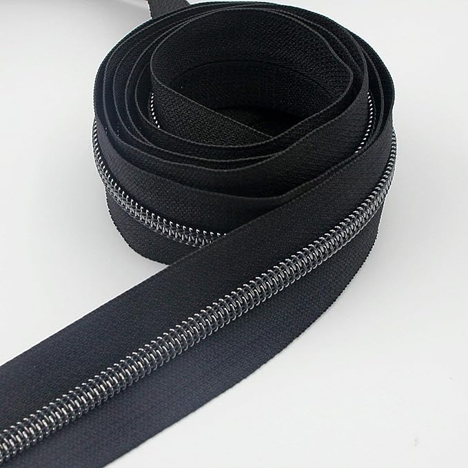 Leekayer #5 Black Nickel Metallic Nylon Coil Teeth Zippers by The Yard Bulk 10 Yards Zipper Tape with 25pcs Black Nickel Sliders for DIY Sewing Tailor Craft Bag(Black)