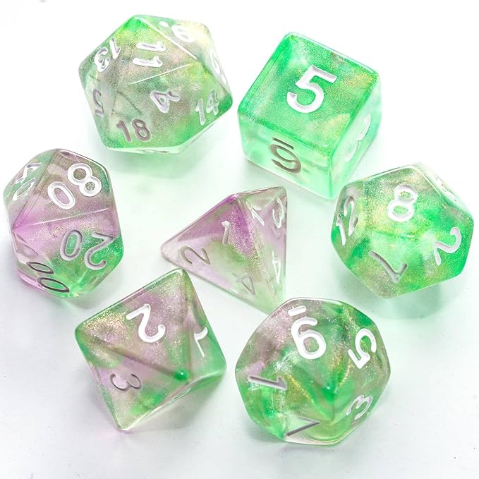 7-Die DND Dice Set Polyhedral Dice Set with a Leather Dice Bag, D&D Dice Set for Dungeons and Dragons, RPG Table Games (Green Pink/Glitter)