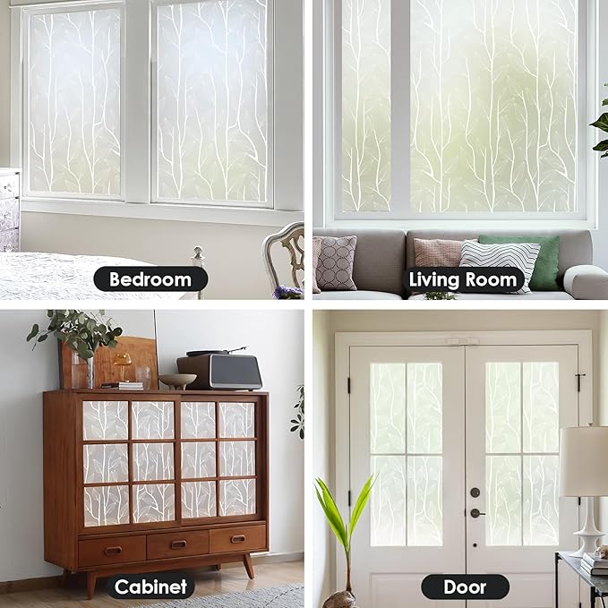 DKTIE Nordic Leaves Window Privacy Film Decorative Stained Glass Sun Blocking Heat Control with Free Installation Tools, Privacy Window Film Day and Night (White, 17.7'' x 78.7'')