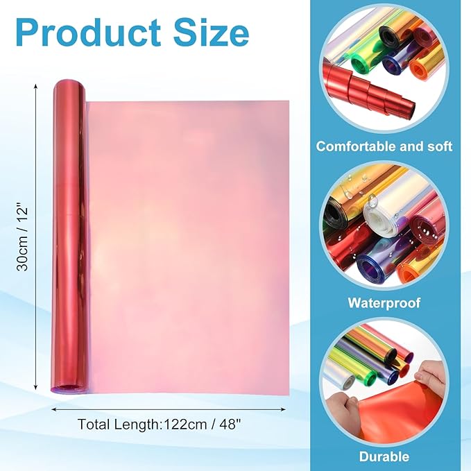 MECCANIXITY Holographic Clear PVC Vinyl Film Holographic PVC Fabric Waterproof Dichroic Film 12 x 48 Inch for Handbags Bows Earrings DIY Craft,Laser Red