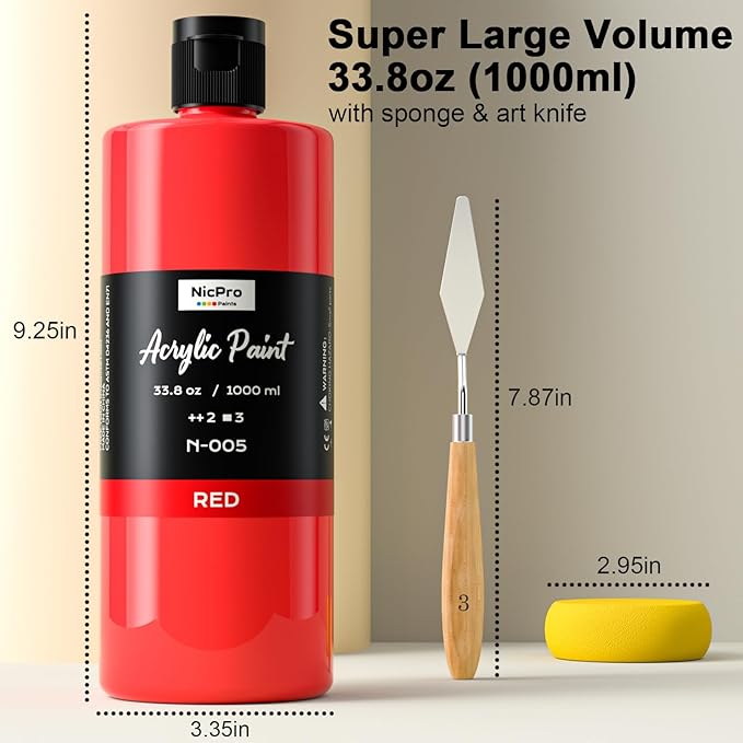 Nicpro 14 Colors Large Bulk Acrylic Paint Set (33.8 oz, 1000 ml) Non Toxic Art Painting Supplies for Kids Students Adults Artists, Rich Pigment for Multi Surface Canvas Fabric Craft Wood Leather Stone