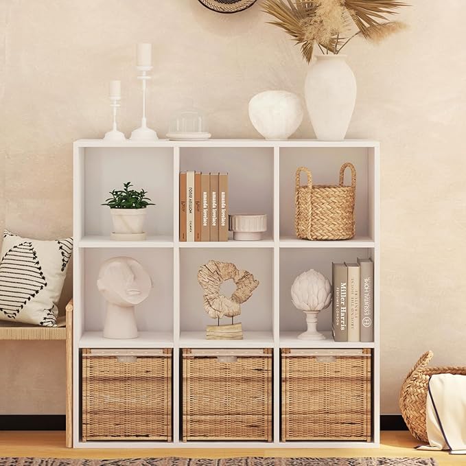 Wooden 9 Cube Storage Organizer with Closed Back Panel,White Cube Shelf Heavy Duty Cubby Storage Organizer with Compartments for Living,Display Shelf,Bookshelf