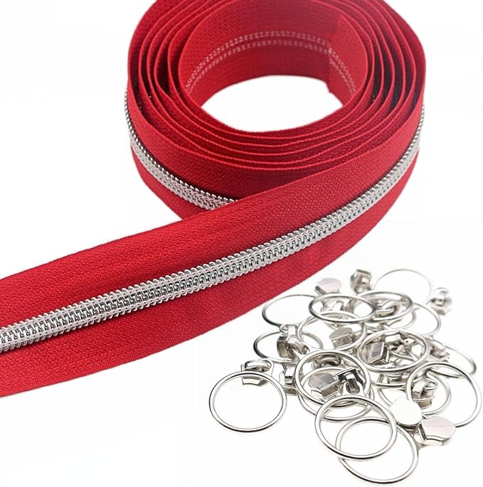 Leekayer #5 Silver Metallic Teeth Nylon Coil Zippers by The Yard Bulk 10 Yards Red Zipper Tape with 25pcs Silver Ring Pull Sliders for DIY Sewing Tailor Craft Bag(Red)