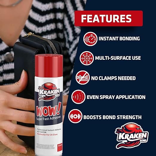 KRAKEN BOND Wow! Spray Adhesive Activator(3X6.76 Oz.) - Cyanoacrylate Super Glue Accelerator Spray for Plastic, Metal, Wood & PVC, CA Glue Activator | 3 Pack